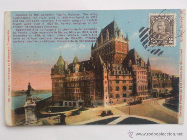 Postales: ANTIGUA POSTAL QUEBEC - CASTILLO FRONTENAC - Y MONUMENTO CHAMPLAIN, A&Ntilde;O 1931 - Foto 1