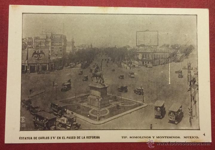 Postais: M&Eacute;XICO. ESTATUA DE CARLOS IV EN EL PASEO DE LA REFORMA. (TIP. SOMOLINOS Y MONTESINOS)