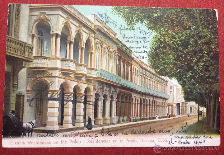 Postais: CUBA. HABANA. RESIDENCIAS EN EL PRADO. REVERSO SIN DIVIDIR. CIRCULADA 1907.