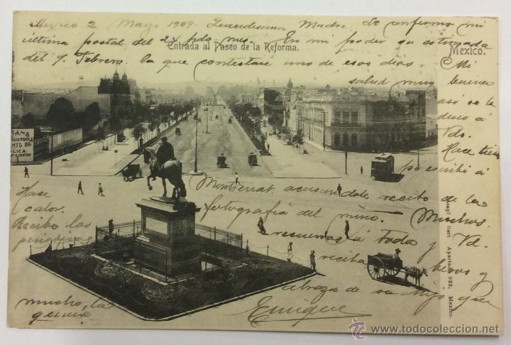 Postais: ENTRADA AL PASEO DE LA REFORMA. LATAPI Y BERT. CIRCULADA 1909. REVERSO SIN DIVIDIR.