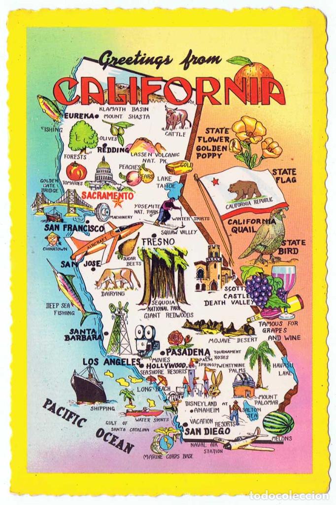Postales: Postal Greetings from California. Map. Sin circular