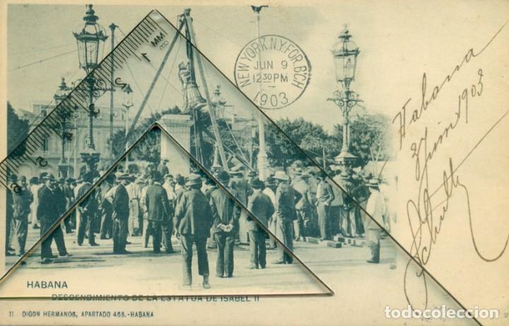 CUBA. HABANA. DESMONTAJE ESTATUA ISABEL II. 1899. CIRCULADA EN 1903. PIEZA ÚNICA. HISTÓRICA. (Postales - Postales Extranjero - América)