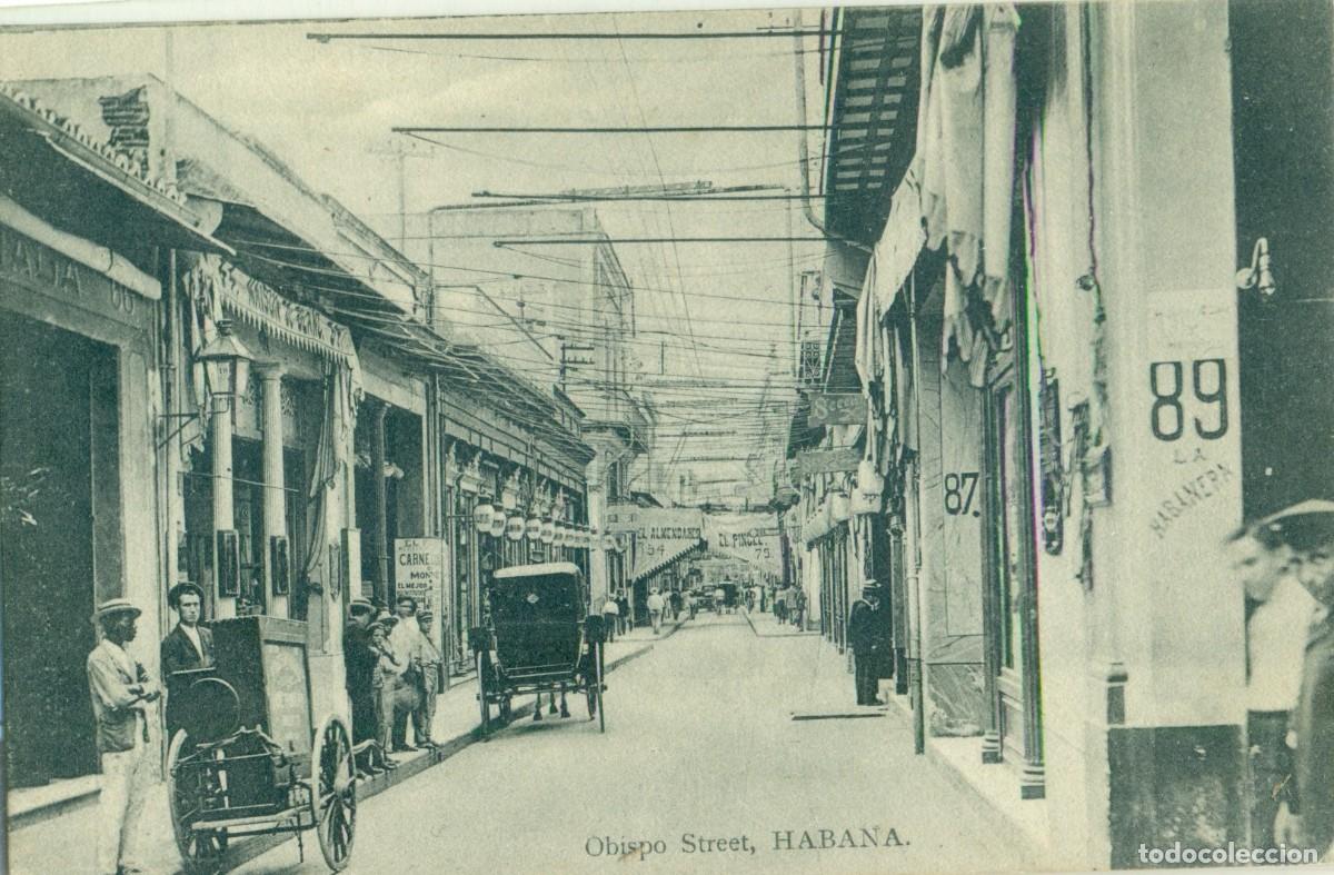 Cartes Postales: CUBA. HABANA CALLE OBISPO. ORGANILLO CALLEJERO. CIRCULADA EN 1910.