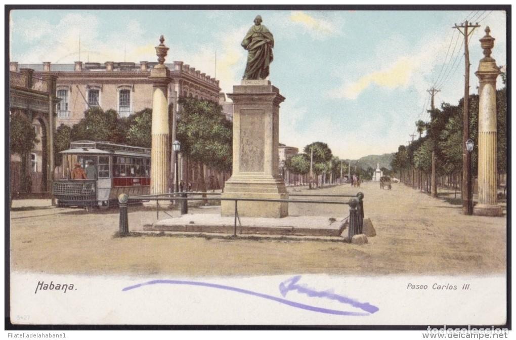 Postales: POS-96 CUBA CIRCA 1902 POSTCARD HABANA HAVANA CARLOS III STREET RAILWAYS. MONUMENTO A CARLOS III CON