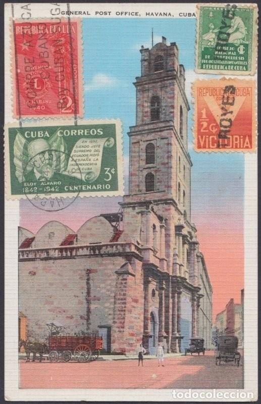 Postcards: POS-904 CUBA POSTCARD. SAN FRANCISCO CHURCH + SEMIPOSTAL TO TROYES FRANCE.