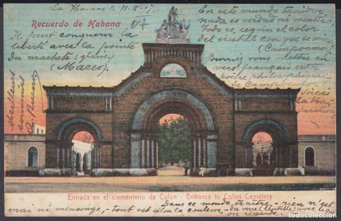 Postcards: POS-990 CUBA ANTILLES 1907 POSTCARD ENTRADA CEMENTERIO DE COLON. COLUMBUS CEMENTERY TO FRANCE.