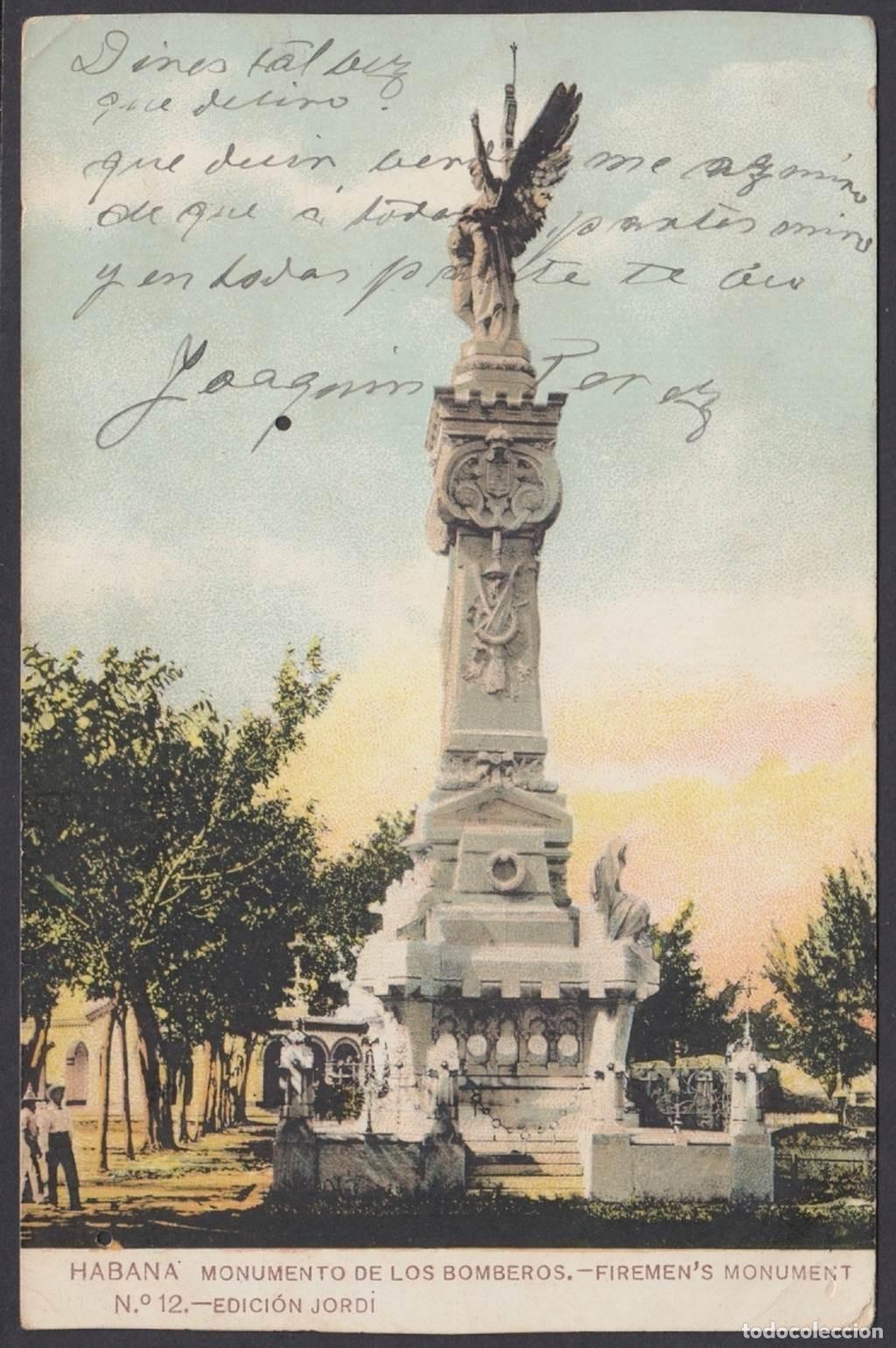 Postcards: POS-1041 CUBA POSTCARD. CIRCA 1902. MONUMENTO BOMBEROS, FIREMAN MONUMENT, CEMENTERY OF COLON.