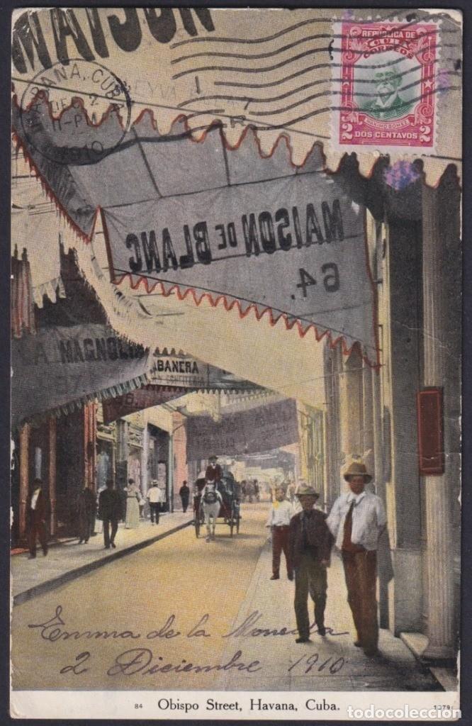 Postcards: POS-1171 CUBA POSTCARD 1910 HAVANA HABANA OBISPO STREET TO PARIS FRANCE