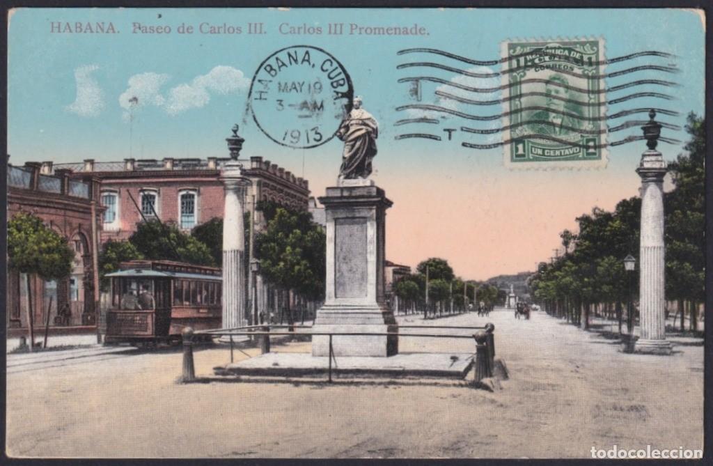 Postcards: POS-1172 CUBA POSTCARD 1913 HAVANA HABANA CARLOS III STREET TO PARIS