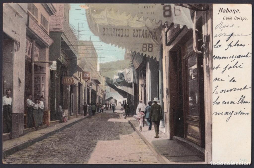 Postkarten: POS-1194 CUBA POSTCARD 1906 HABANA CALLE OBISPO STREET TO PARIS FRANCE
