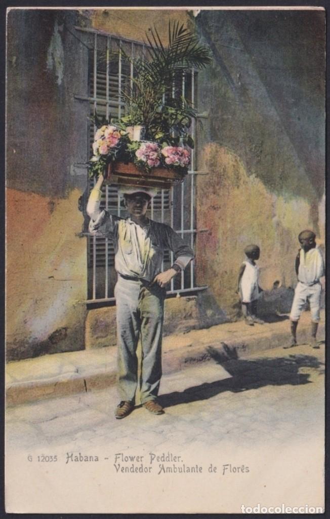 Postkarten: POS-1622 CUBA POSTCARD 1906 FLOWER PEDDLER VENDEDOR AMBULANTE FLORES.