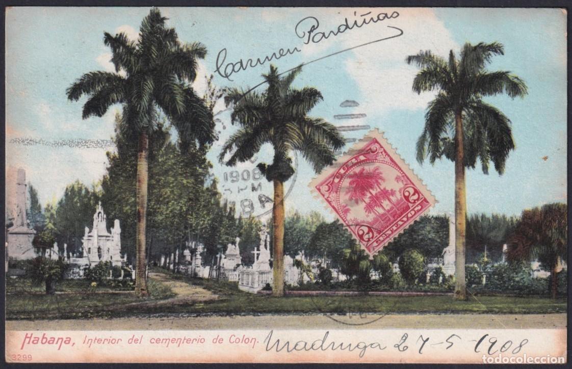 Postales: POS-1724 CUBA 1908 POSTCARD RARE MAXIM CARD PALM CEMENTERY OF COLUMBUS HAVANA TO BELGIUM.