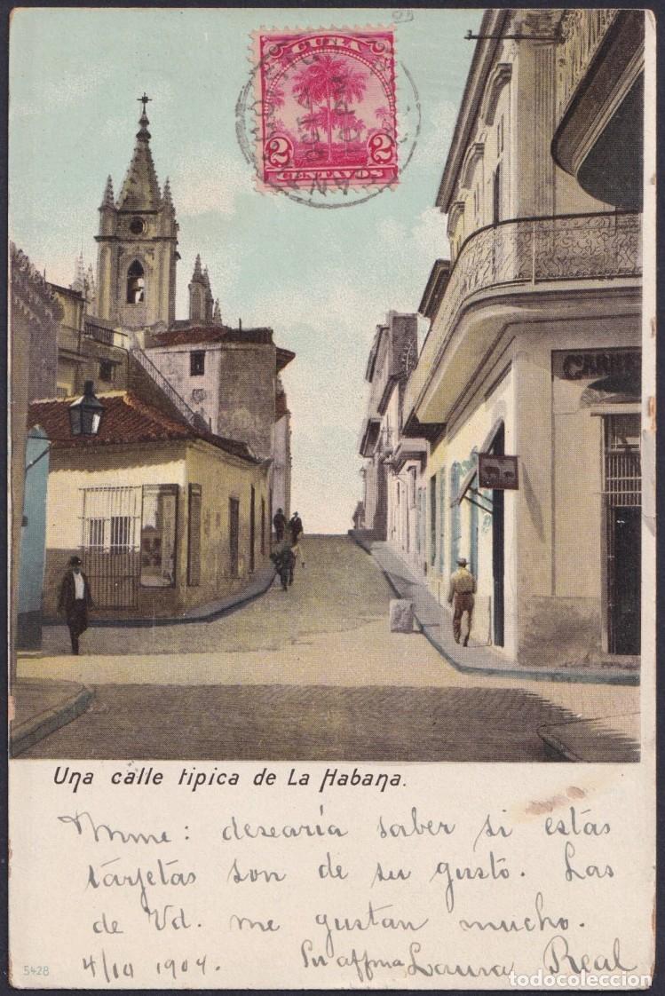 Postales: POS-1663 CUBA 1903 POSTCARD CUARTELES STREE ANGEL CHURCH HAVANA TO SPAIN.