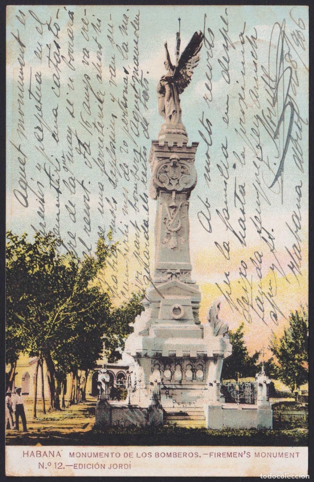 Postcards: POS-1816 CUBA POSTCARD 1906 FIREMEN&acute;S MONUMENT COLUMBUS CEMENTERY, HAVANA TO SPAIN.