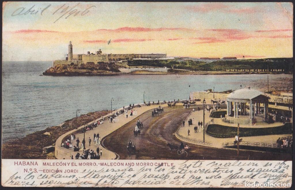 Postcards: POS-1823 CUBA POSTCARD 1906 MALECON & MORRO CASTLE LIGHTHOUSE, HAVANA TO SPAIN.