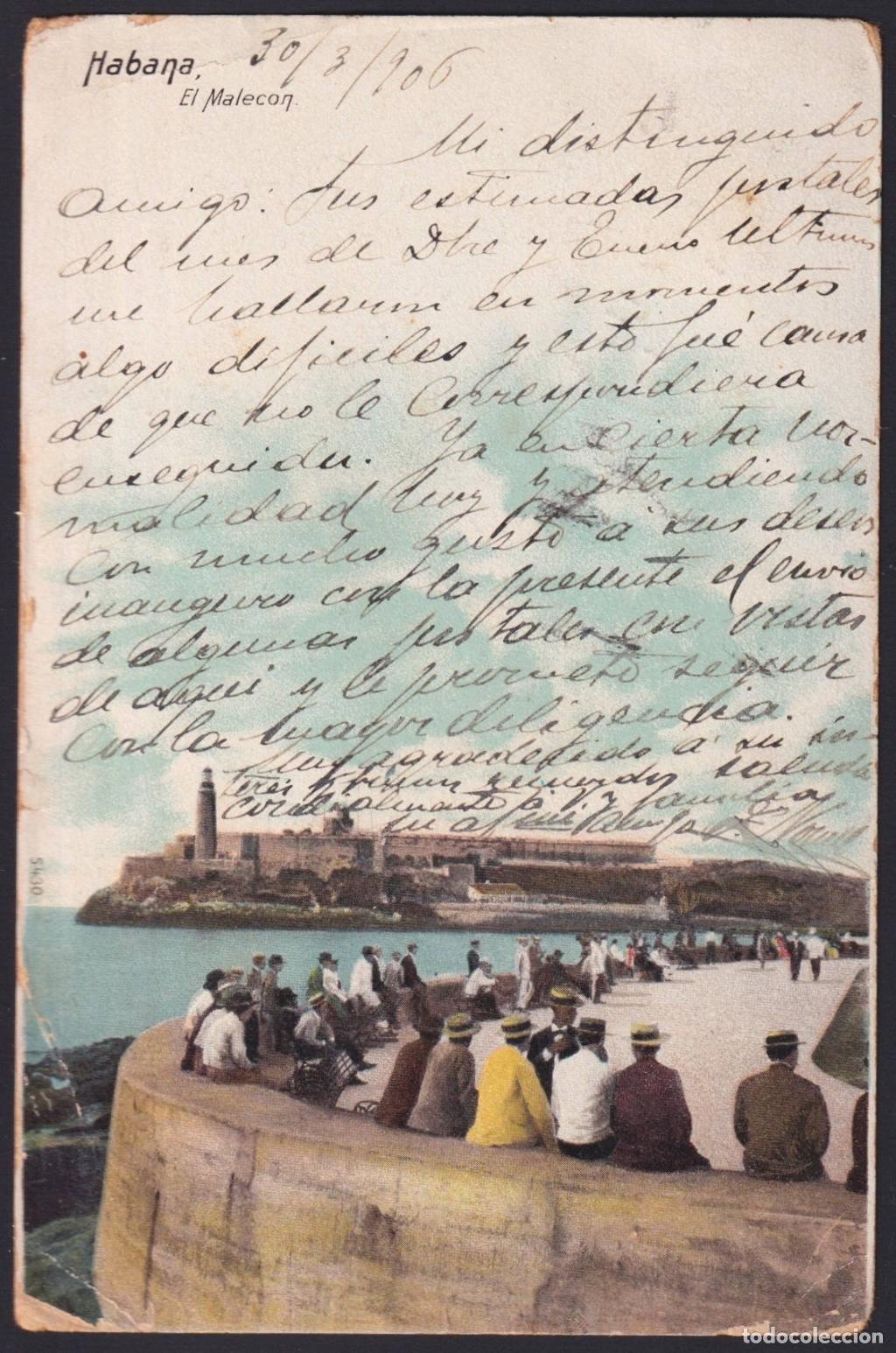 Postcards: POS-1830 CUBA POSTCARD 1906 MALECON & MORRO CASTLE LIGHTHOUSE, HAVANA TO SPAIN.