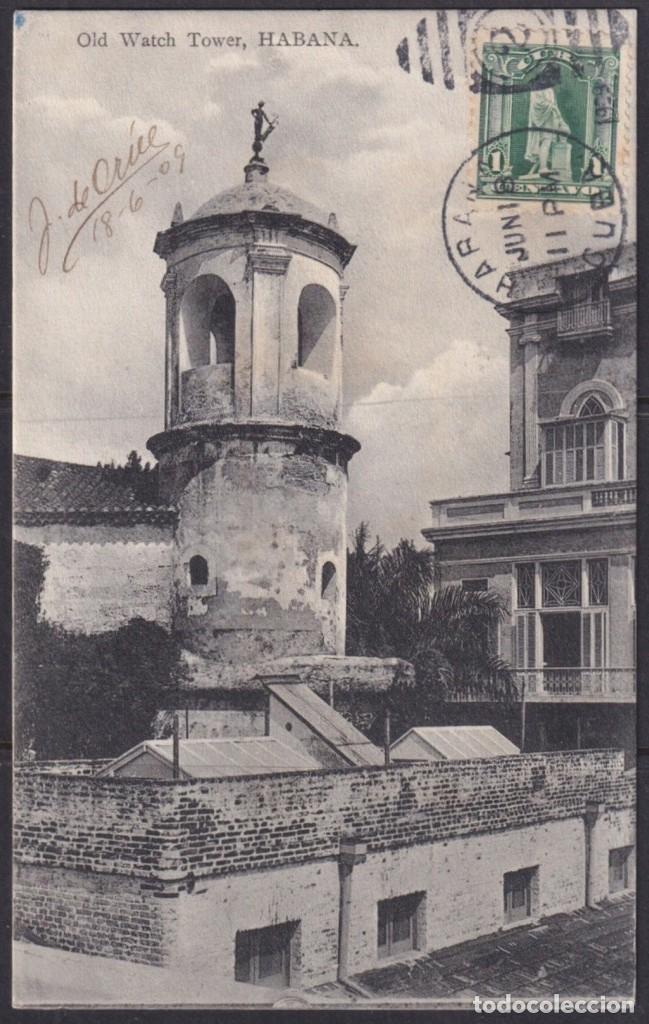 Postcards: POS-1837 CUBA POSTCARD 1909 HAVANA FUERZA CASTLE WASH TOWER TO FRANCE.