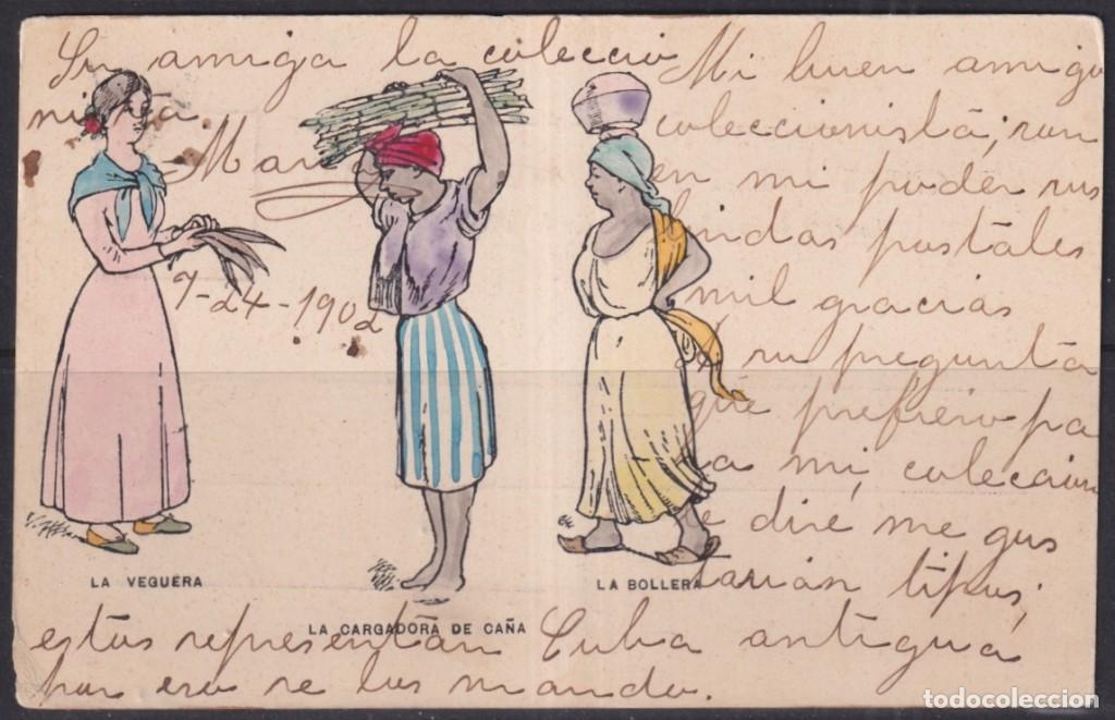 Postcards: POS-1848 CUBA POSTCARD 1907 WOMAN ETHNIC TYPES TO SPAIN TOBACCO SUGAR CANE.