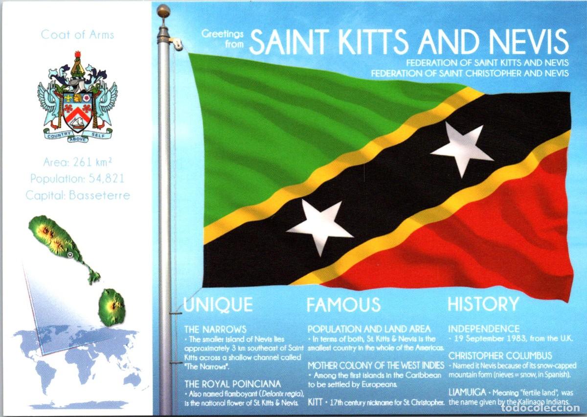 Postcards: Saint Kitts and Nevis - Bandera + Mapa + Escudo + Historia - Postcardsmarket PCM-0210 - 150x105mm