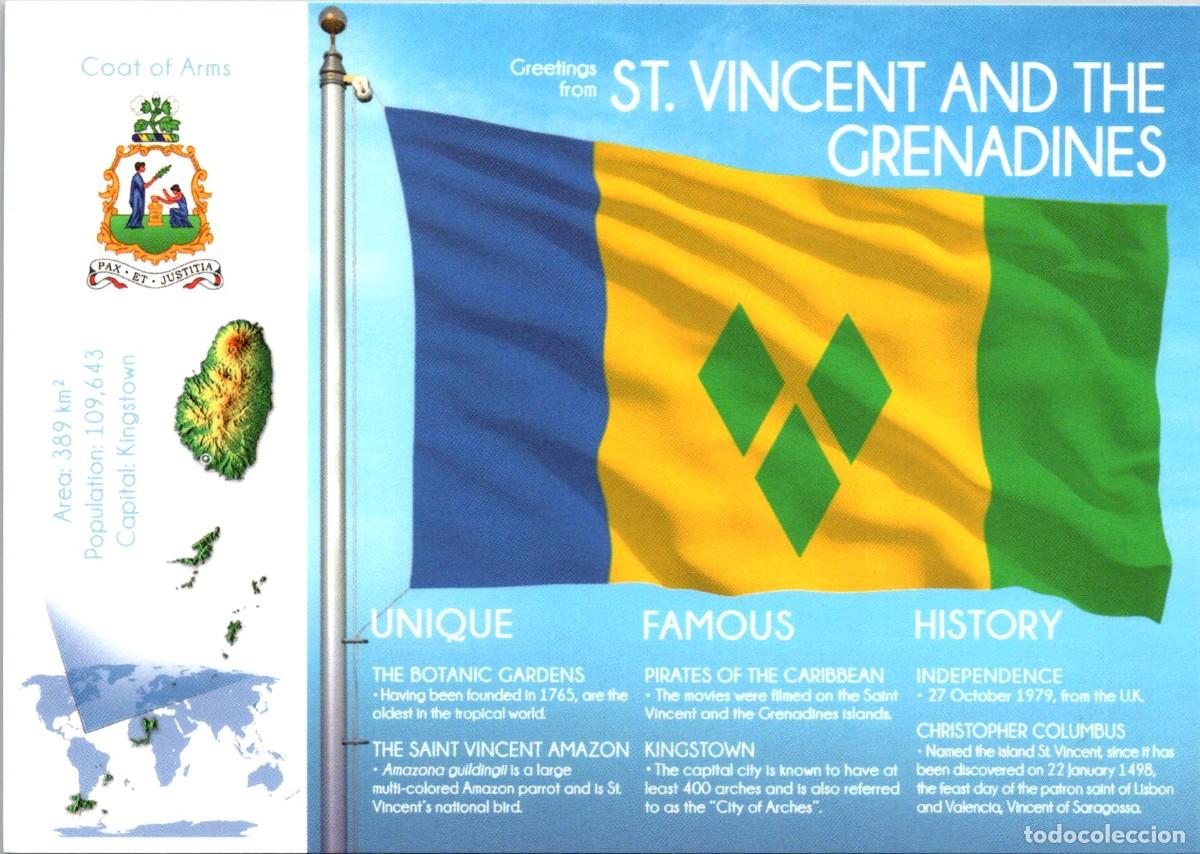 Postcards: St. Vincent and The Grenadines-Bandera + Mapa + Escudo + Historia-Postcardsmarket PCM-0212-150x105mm