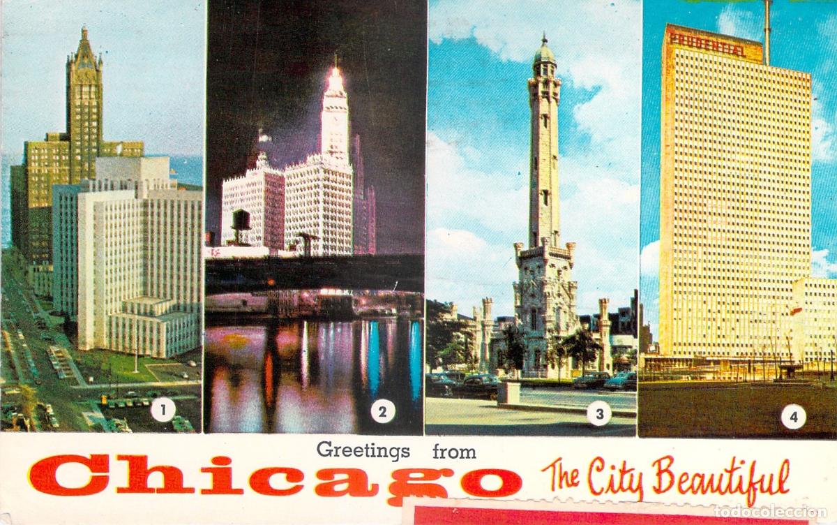 Postales: Postal Collage Monumentos Chicago Illinois: Torre del Agua y Edificio Prudential - Foto 1
