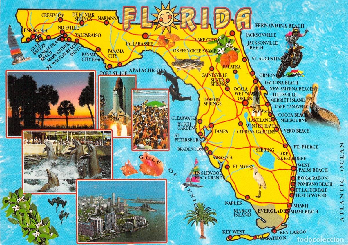 Postales: Postal Tur&iacute;stica de Florida con Mapa y Lugares Emblem&aacute;ticos - Foto 1