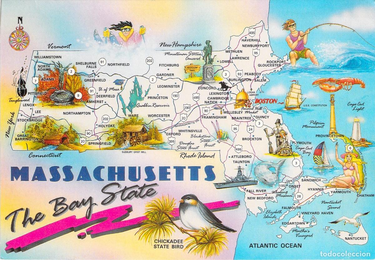 Postales: Postal Ilustrada del Mapa de Massachusetts - The Bay State