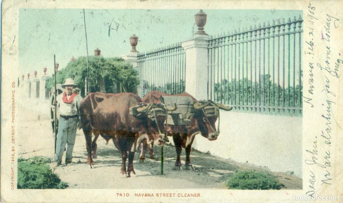 Postales: CUBA. HABANA. BARRENDERO. CARRO DE BUEYES. CIRCULADA EN 1915.