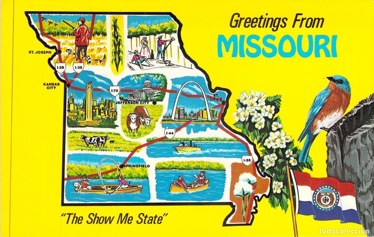 Postales: Postal de Saludos de Missouri Mapa con S&iacute;mbolos Estatales