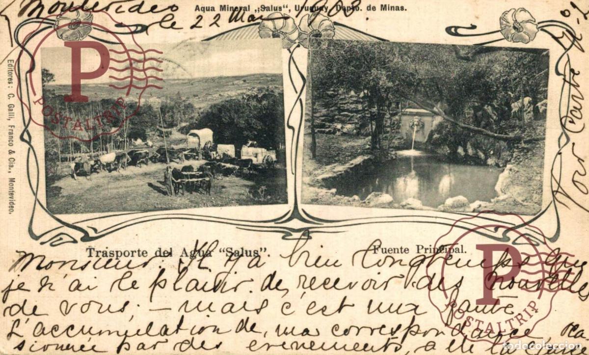 Postales: URUGUAY. MONTEVIDEO. TRASPORTE DEL AGUA SALUS. FUENTE PRINCIPAL.