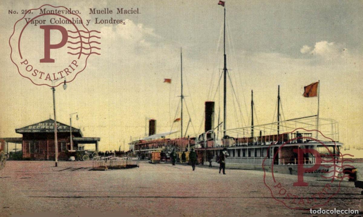Postkarten: URUGUAY. MONTEVIDEO. MUELLE MACIEL. VAPOR COLOMBIA Y LONDRES.