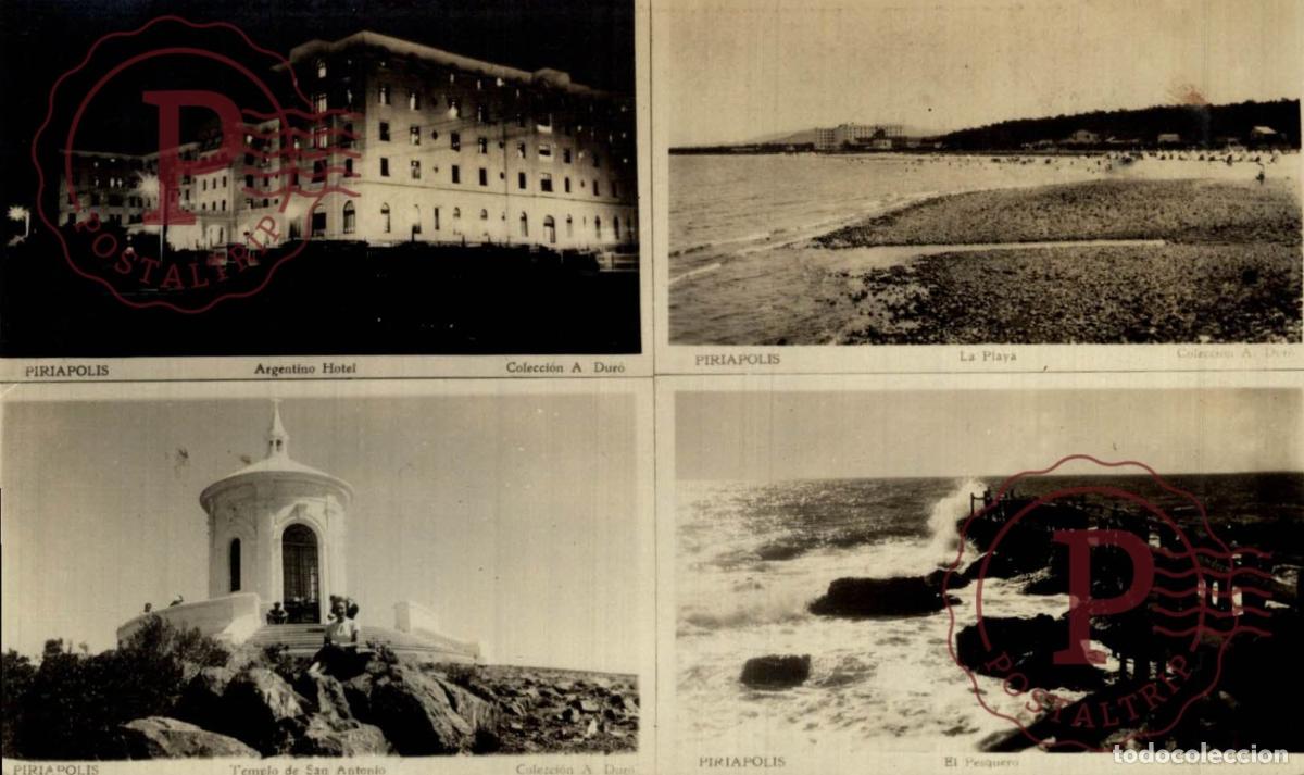 Postales: URUGUAY. PIRIAPOLIS. ARGENTINO HOTEL. LA PLAYA. TEMPLO SAN ANTONIO Y EL PESQUERO. COLECCION. A DURO.