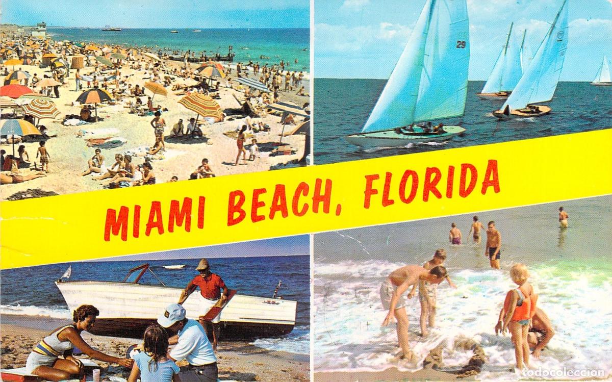 Postales: Postal Multivista de Miami Beach Florida Playa y Veleros