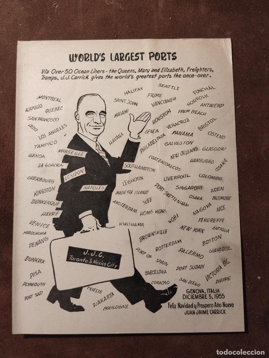 Postales: Postal Navidad 1955 &ndash; &ldquo;World&rsquo;s Largest Ports&rdquo; &ndash; J. J. Carrick &ndash; G&eacute;nova &ndash; Ilustraci&oacute;n mar&iacute;tima vintag