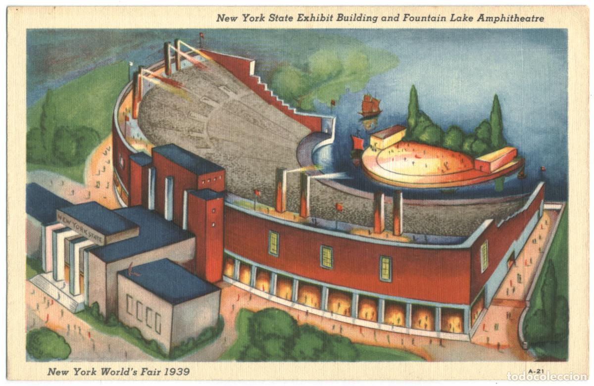 Postales: NEW YORK_World's Fair 1939, State Exhibit & Fountain Lake Amphitheatre_Grinell Litho / Teatros NY