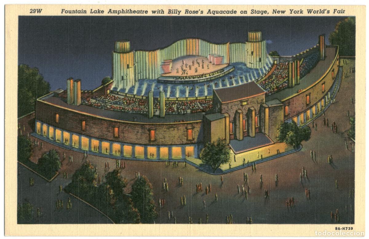 Postales: NEW YORK_World's Fair 1939, Fountain Lake Amphitheatre_Grinell Litho / Teatros NY
