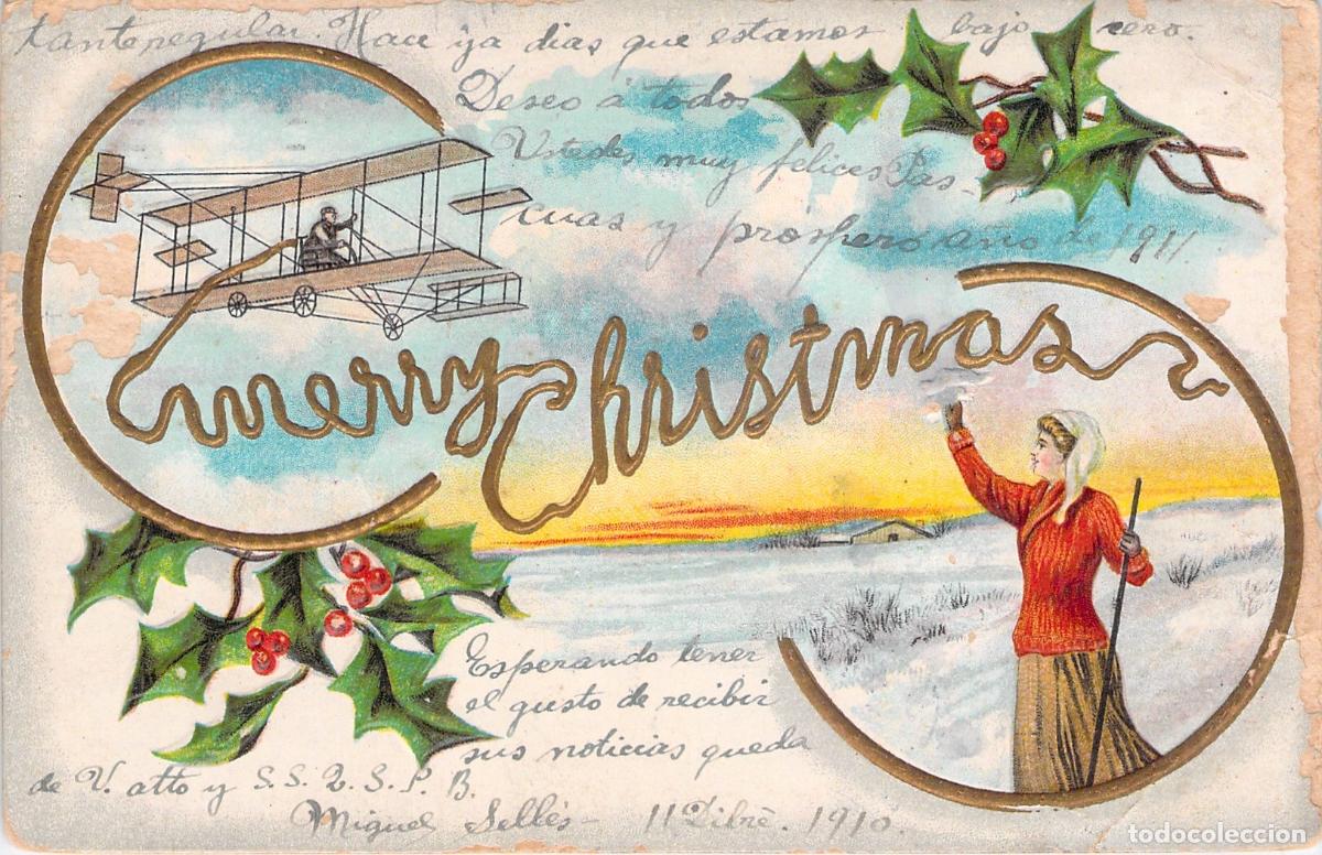 Postales: Postal de Navidad con Biplano Antiguo y Paisaje de Invierno
