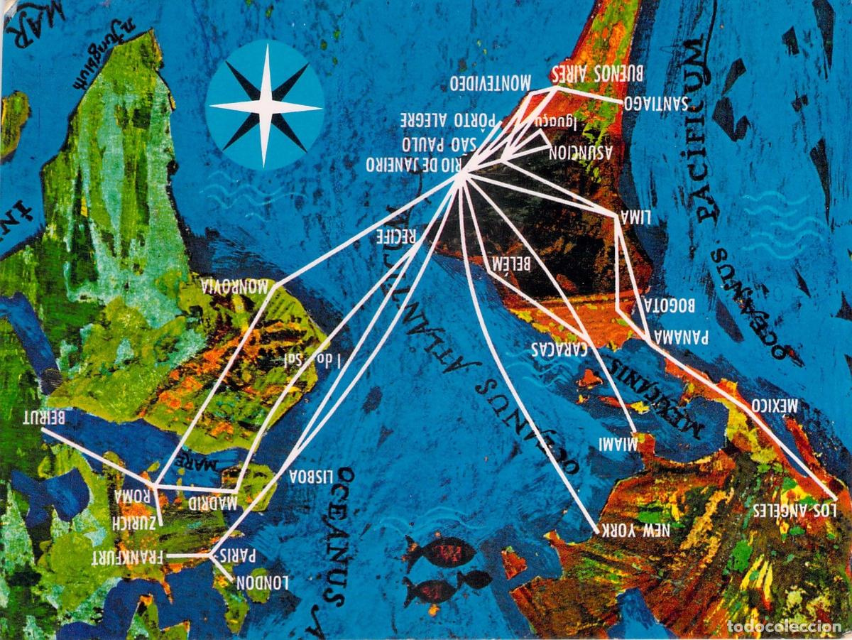 Postales: Postal Publicitaria de la Aerol&iacute;nea VARIG con Mapa de Rutas