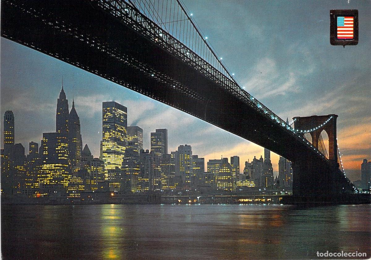 Postales: Postal Puente de Brooklyn y Rascacielos de Nueva York de Noche