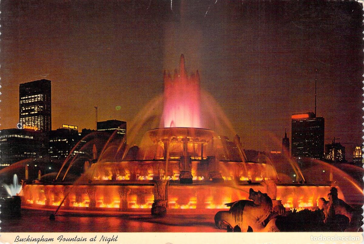 Postales: Postal de la Fuente Buckingham de Noche en Chicago