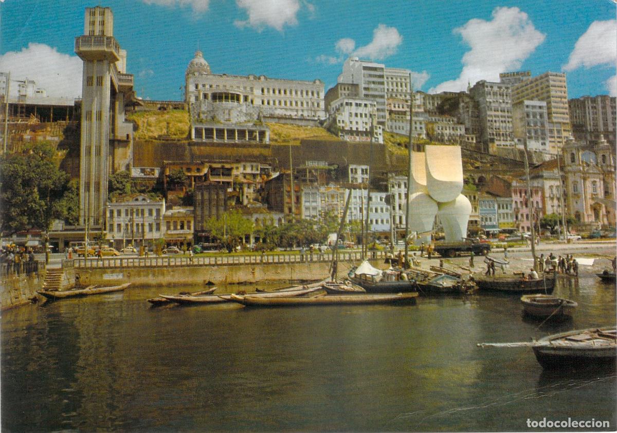 Postales: Postal de Salvador de Bah&iacute;a Brasil con Elevador Lacerda y Logotipo Varig