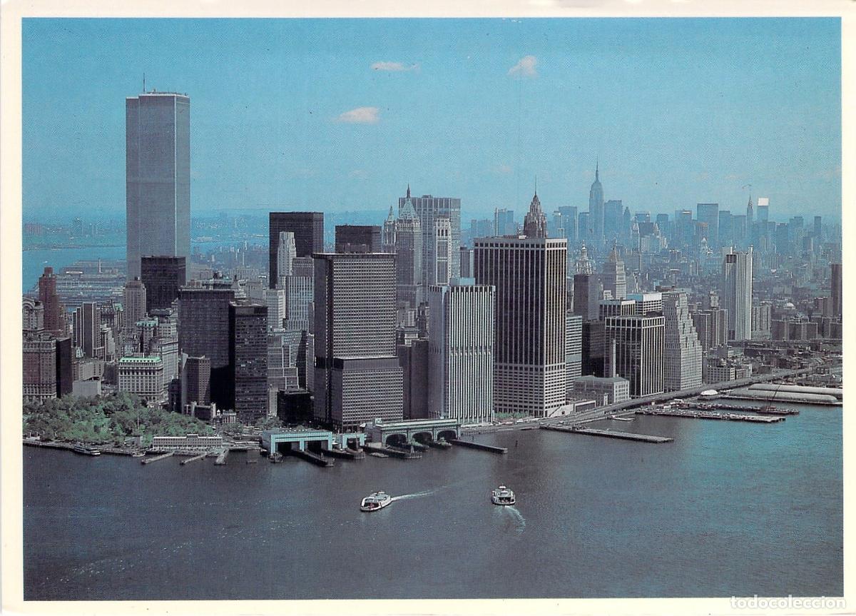 Postales: Postal de la L&iacute;nea del Horizonte del Bajo Manhattan con Torres Gemelas