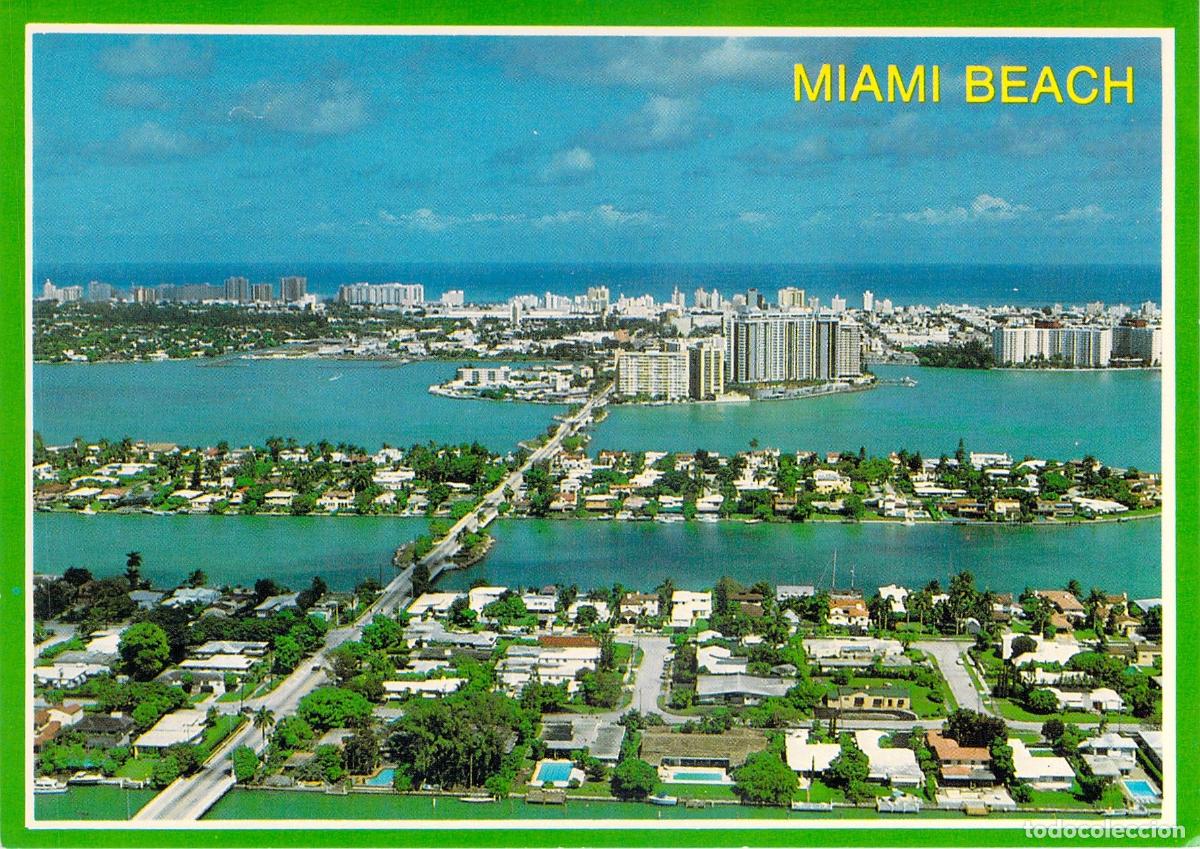 Postais: Postal de Miami Beach Vista A&eacute;rea Venetian Causeway y Bah&iacute;a de Biscayne