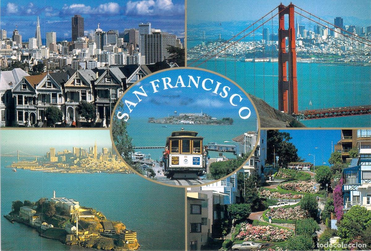 Postales: Postal de San Francisco con Vistas del Golden Gate, Alcatraz y Tranv&iacute;a