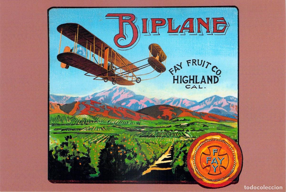 Postales: Postal con publicidad de etiqueta de naranja y biplano
