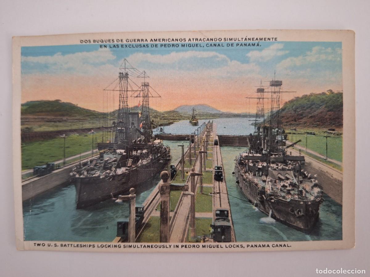 Postales: ANTIGUA POSTAL BARCO 2 BUQUES GUERRA AMERICANOS ATRACANDO EXCLUSAS PEDRO MIGUEL CANAL PANAMA RV 2917