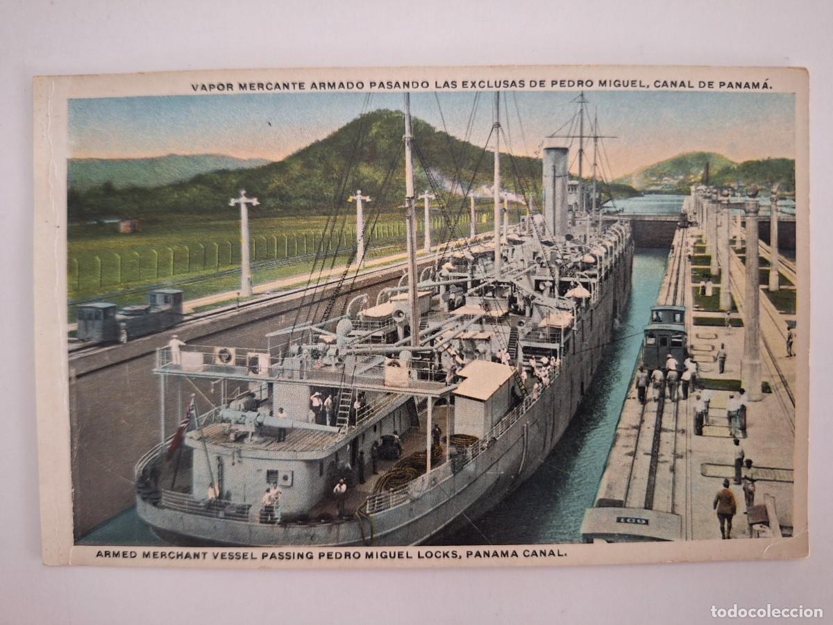 Postales: ANTIGUA POSTAL BARCO VAPOR ARMADO PASANDO LAS EXCLUSAS DE PEDRO MIGUEL PANAMA RV 2928