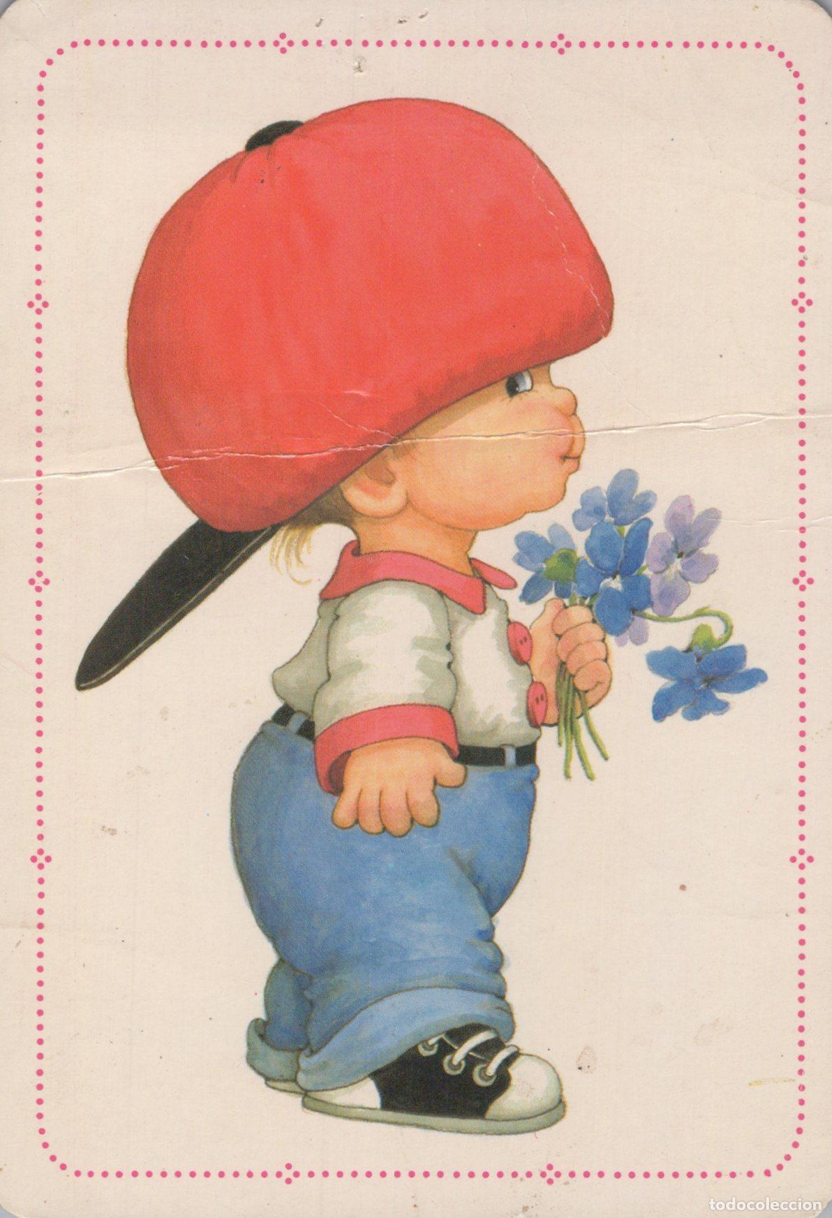 Postales: USA Charlotte NC Whimsical Young Boy Red Cap Blue Flowers *YAA960