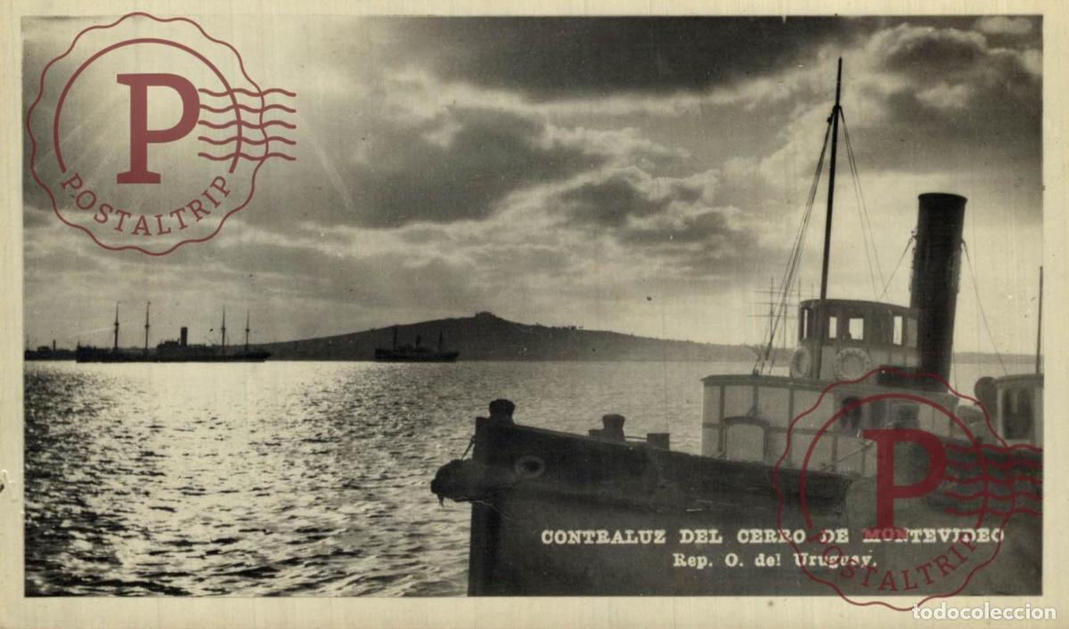 Postales: URUGUAY. Contraluz del cerro de Montevideo. RPPC FOTOGRAFICA. BARCO. SHIP BATEAU