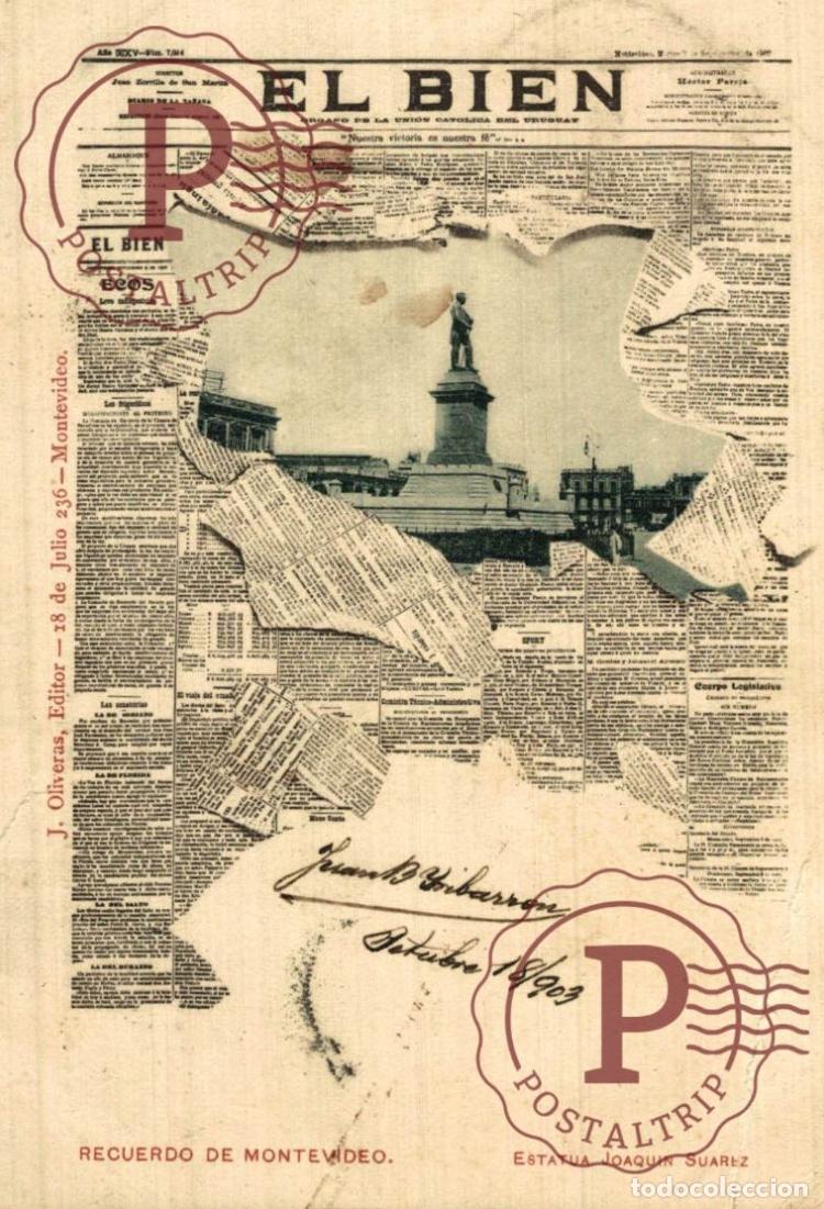 Postales: URUGUAY. MONTEVIDEO EL BIEN. ESTATUA JOAQUIN SUAREZ. PERIODICO. NEWSPAPER